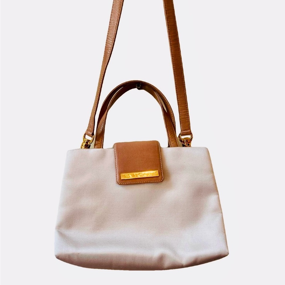 👜Authentic Bvlgari Satin Mini Top Handle Bag – Neutral w/ Gold Hardware